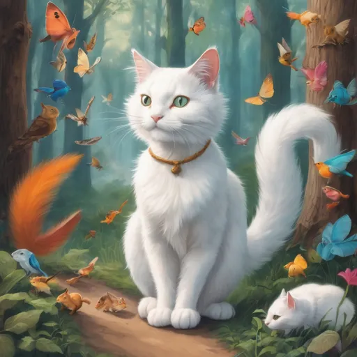 Prompt: Along her path, Fluffy the white cat encountered a vibrant tapestry of creatures, each possessing its own unique charm. She listened with rapt attention to the warbling melodies of songbirds, their sweet voices carrying tales of faraway lands. Squirrels, their bushy tails flicking with excitement, shared stories of hidden nut stashes and woodland adventures.
