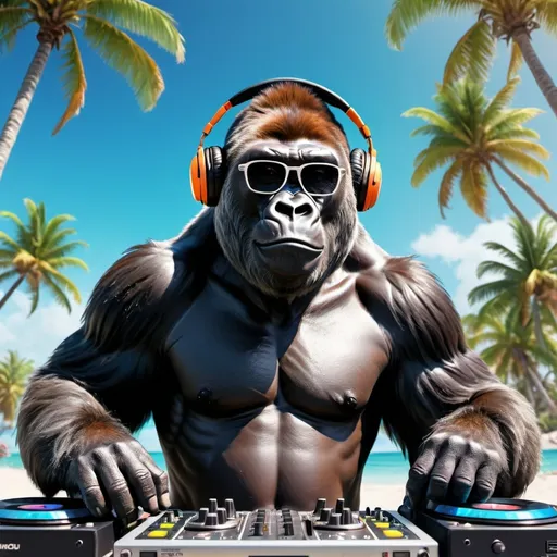 Prompt: cool gorilla dj with sunglasses mixing music on a dj mixing desk on a tropical island with beach and ocean