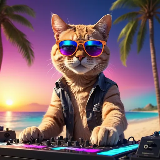 Prompt: cool cat dj with sunglasses mixing music on a dj mixing desk on a tropical island with beach and ocean