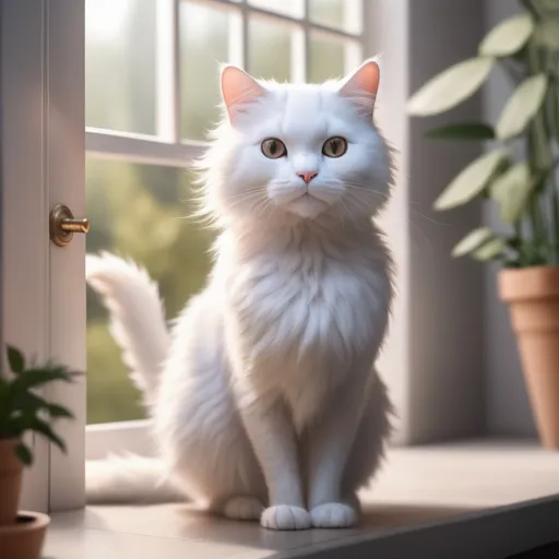 Prompt: fluffy white cat named Fluffy. With long whiskers that twitched with curiosity and a tail that swished with excitement at the thought of adventure, Fluffy was always eager to explore the world beyond her cozy home.
