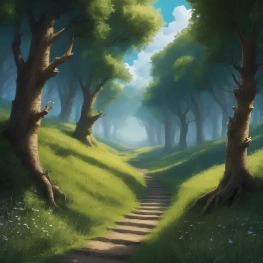 Prompt: The path that lay ahead was filled with wonder and surprises. Fluffy encountered towering trees that seemed to touch the heavens, sparkling streams that danced through lush meadows, and friendly creatures who greeted her with curious eyes.