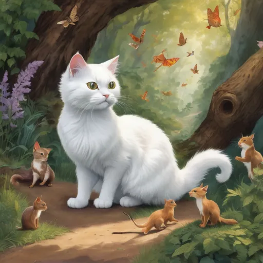 Prompt: Along her path, Fluffy the white cat encountered a vibrant tapestry of creatures, each possessing its own unique charm. She listened with rapt attention to the warbling melodies of songbirds, their sweet voices carrying tales of faraway lands. Squirrels, their bushy tails flicking with excitement, shared stories of hidden nut stashes and woodland adventures.
