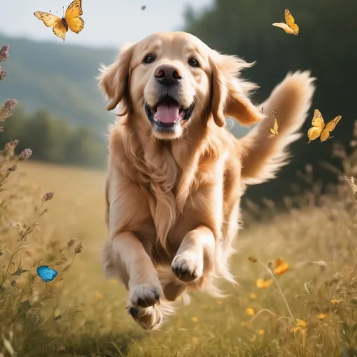 Prompt: a playful golden retriever chasing butterflies in a meadow