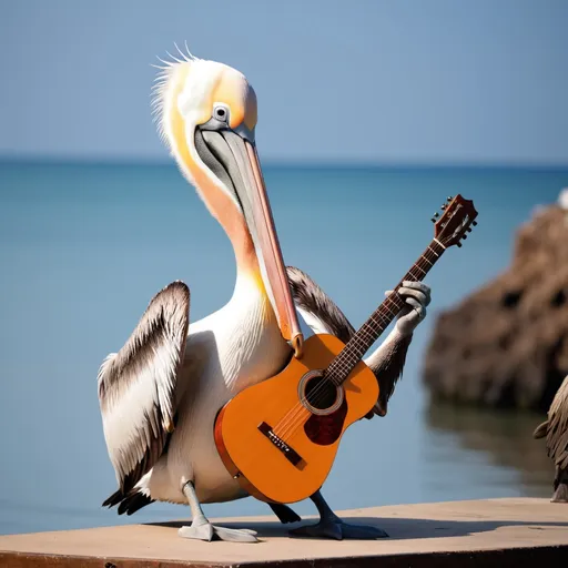 Prompt: Pelican playing a guitar 