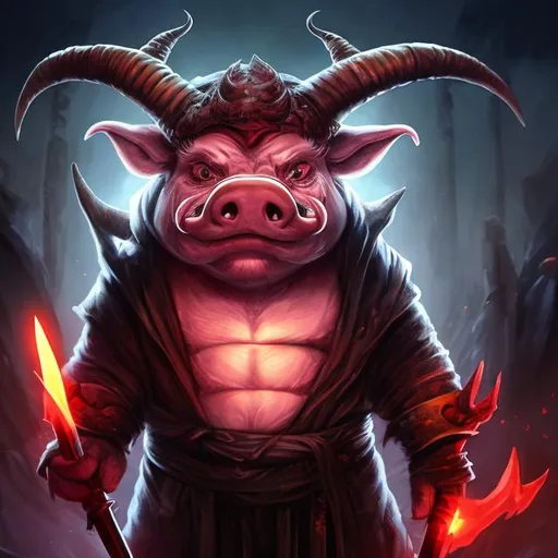 Prompt: Demon pig with horns holding a big sword 