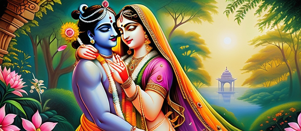 Prompt: (Radha Rani and Krishna in a serene embrace), (divine love), intricate details, vibrant colors, warm, ethereal glow, lush greenery in the background, soft blooming flowers, (sacred atmosphere), visually captivating, with an enchanting atmosphere, ultra-detailed, spiritual essence, harmonizing with nature, immersing in a sense of grace and devotion.