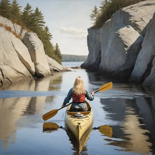 Prompt: A blond woman kayaker in the style of andrew wyeth
