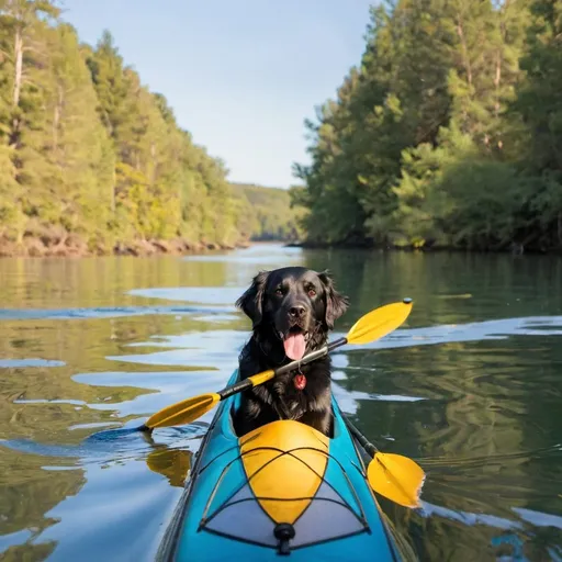 Prompt: A black golden retriever paddling a kayak