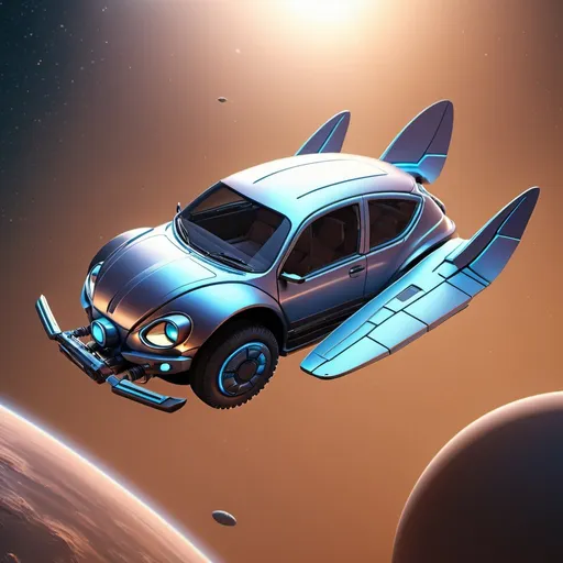 Prompt: High-quality 3D rendering of a sci-fi subaru hatchback spaceship resembling a beetle flying over a planet 