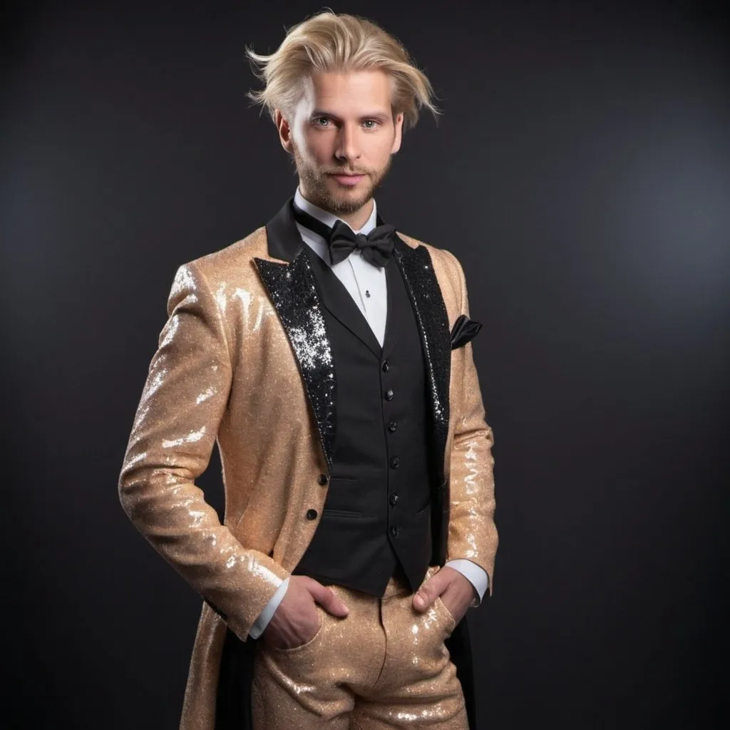 Prompt: ontwerp een kostuum/kleding voor een mannelijke illusionist van 28 jaar. Hij is 1.96 centimeter lang, heeft blond haard met opgeschoren zijkanten. Hij heeft een normaal postuur. Het kostuum/de kleding moet stoer en casual zijn, maar er moet ook glitter en glamour in verwerkt worden. 