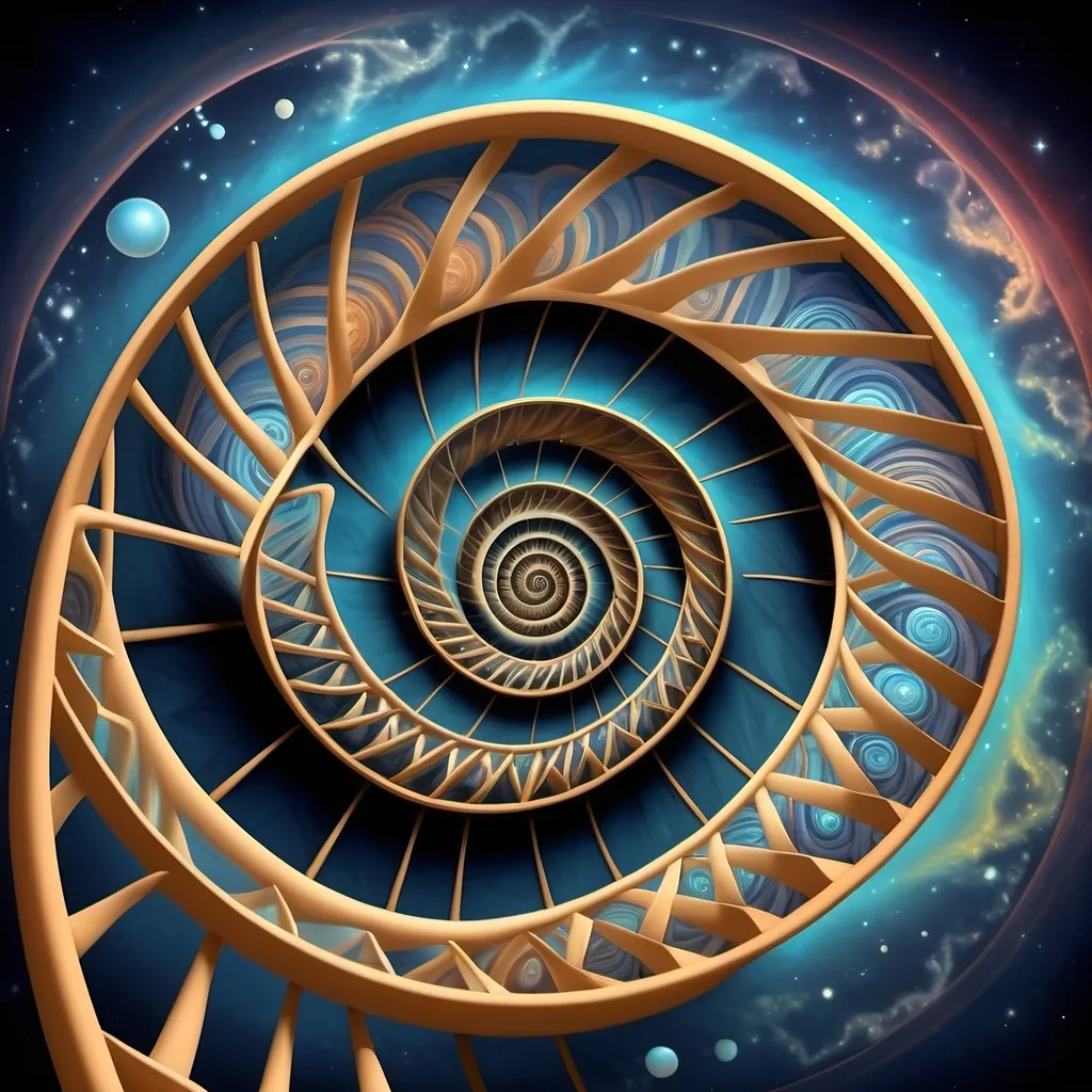 Prompt: In the style of visionary art. Create an image of a spiral that is made up the double helix dna. the image portrays the spiral of time past present and future. A human consciousness can move through to impact the timeline

