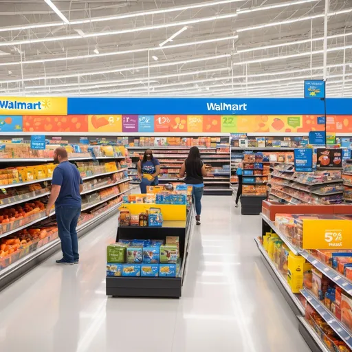 Prompt: "A vibrant image of a Walmart store with shoppers and a focus on affordable prices and wide product selection."