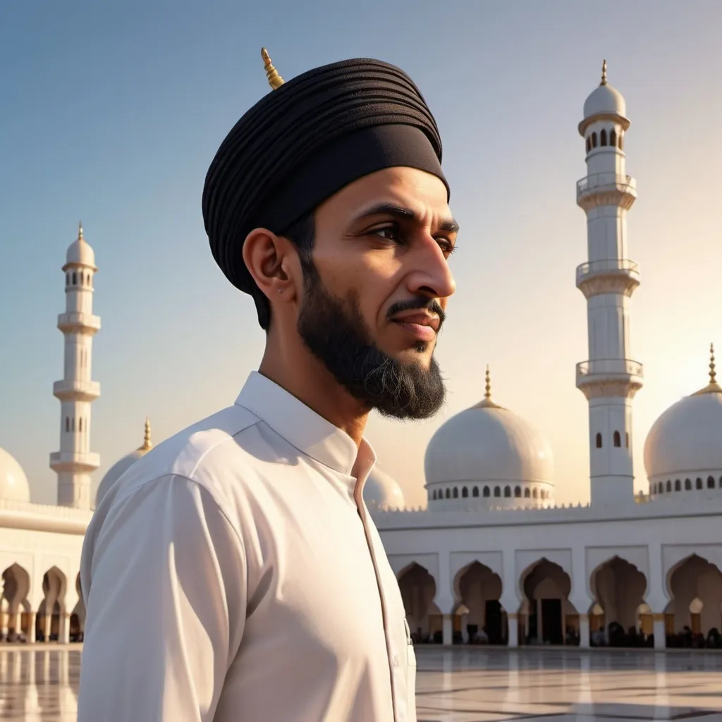 Prompt: 4D photo realistic caricature of a profile figure with a big head [Ustad Abdul Somad], wearing a black skullcap, white Koko shirt, black trousers, facing full body forward, modern mosque background