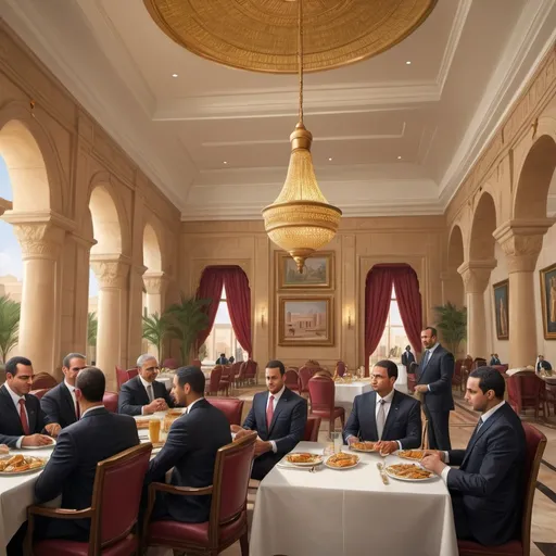 Prompt: realism, egypt president, McDonald's meal, presidential palace interior, classical style, natural lighting, detailed facial expressions, realistic textures, luxurious surroundings, formal attire, high quality, detailed realism, luxurious ambiance, prestigious setting, refined details, natural colors, indoor scene, formal dining setting