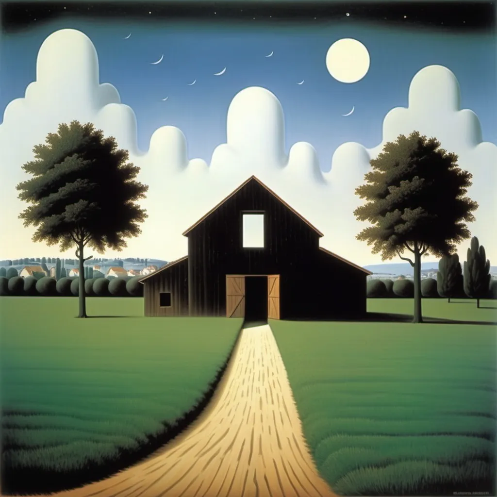 Prompt: Landscape with unfinished barn like the unmasked universe by Rene magritte