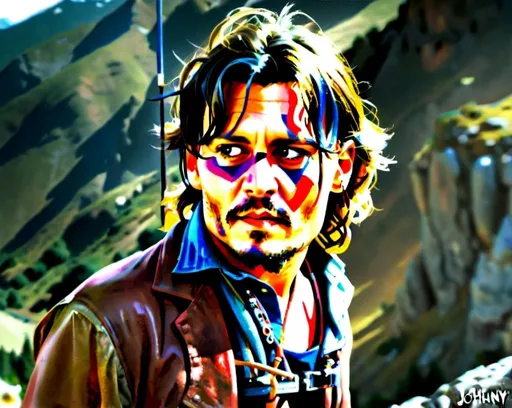 Prompt: Photorealistic depiction of Johnny Depp in mountain landscape, hiking stick, guitar, realistic facial features, detailed clothing, high quality, photorealism, mountain setting, outdoor, detailed guitar, realistic lighting, professional, natural tones, detailed eyes, realistic expression, atmospheric lighting, mountainous terrain, detailed textures, lifelike portrayal, realistic colors, detailed facial features