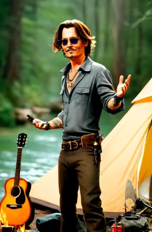 Prompt: Johnny depp standing by river and tent and campfire with guitar