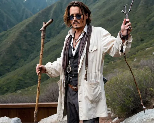 Prompt: Johnny depp standing in mountains with hiking stick 