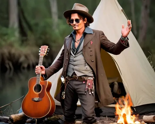 Prompt: Johnny depp standing by river and tent and campfire with guitar
