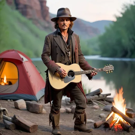 Prompt: Johnny depp standing by river and tent and campfire with guitar