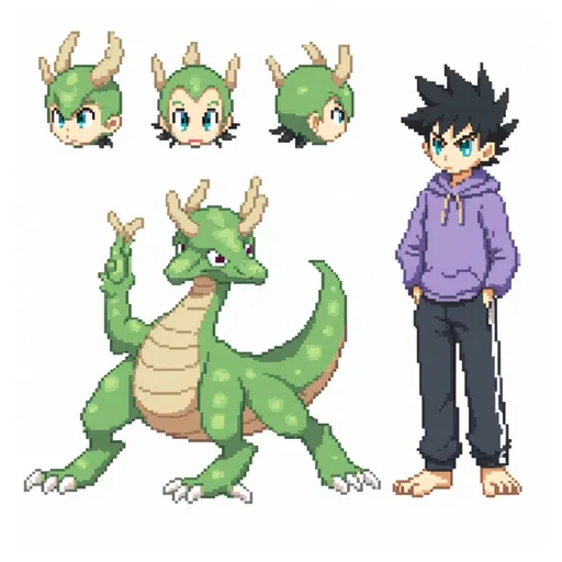 Prompt: {
  "prompt": "Pixel art sprite sheet in Mega Man X6 PS1 style of an anthropomorphic japanese dragon boy. He has green scales, light beige underbelly, and a long green tail with spikes. He has black spiky hair, tan-colored horns, and blue eyes. He wears a loose purple hoodie and black track pants with white side stripes. Barefoot with clawed feet. The sprite sheet should include front view, back view, side view, and a few facial expressions matching RPG sprite proportions (about 32x48 per frame). Retro 32-bit ps1 palette, limited colors, detailed shading typical of Mega Man X4-X6 era.",
  "size": "1357x2941",
  "n": 1
}