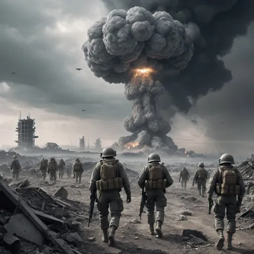 Prompt: soldiers that survived future WW3, wonder through the wasteland in the direction of the silver tower. the sky is Grey.
bombs going off in distance 
