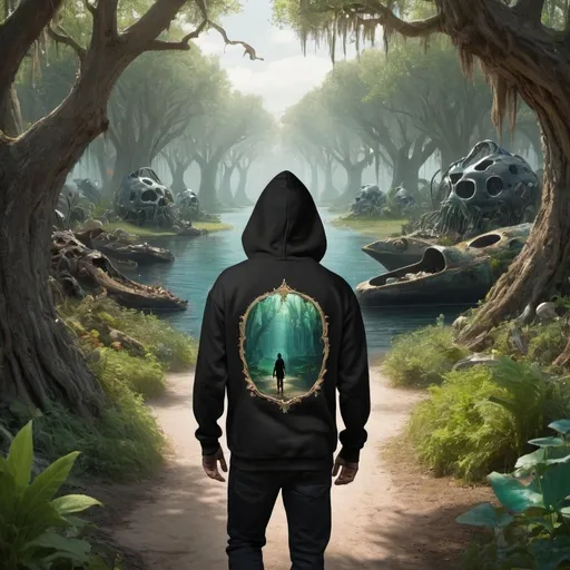 Prompt:  Black Hoody Zechariah 
is walking through the  mermaid kingdom forest.  food and trees are different. in the distance black hoody z can see an Airboat boneyard. and mermaids.