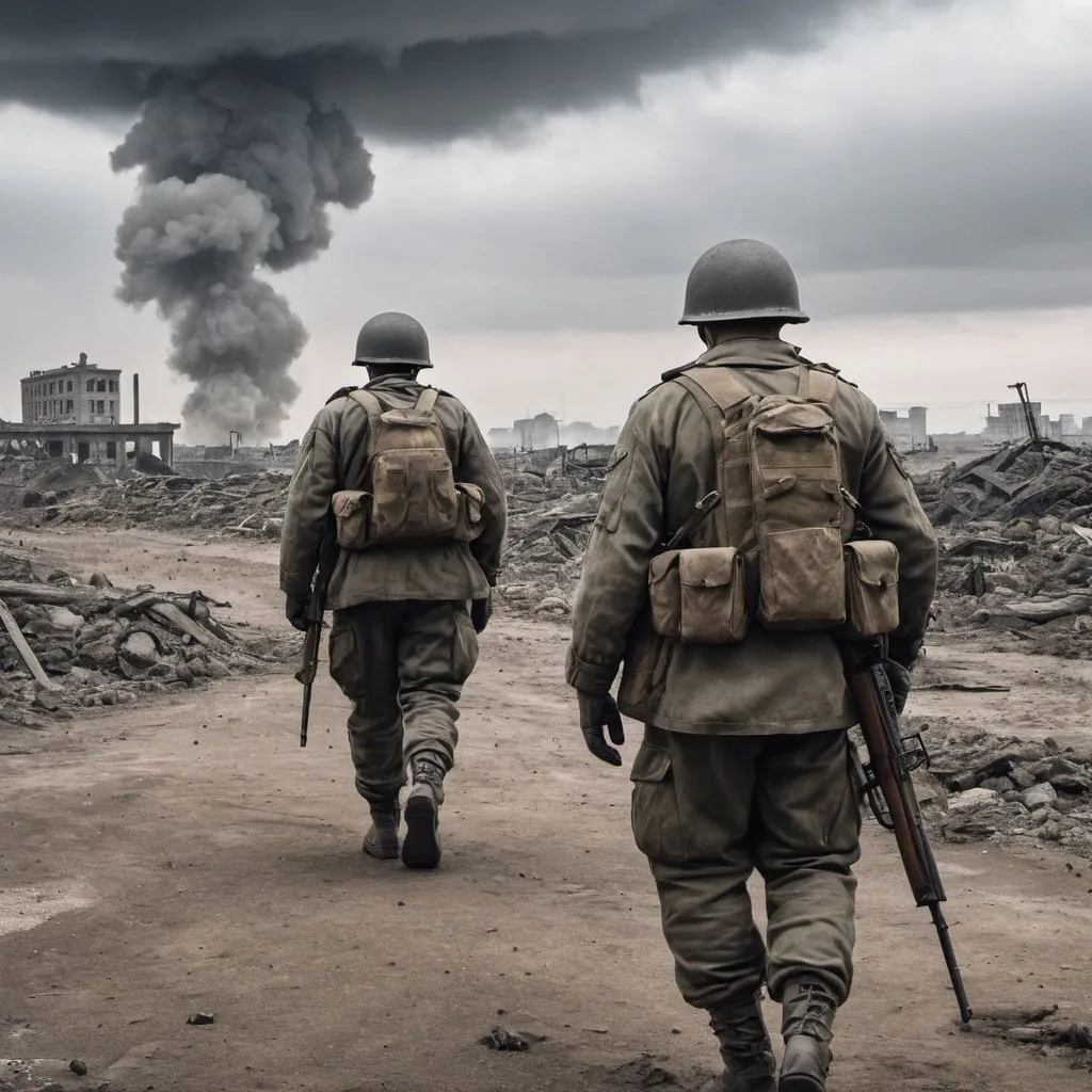 Prompt: soldiers that survived WWIII, wonder through the wasteland in the direction of the silver tower. the sky is Grey.
bombs goingfoing off in distance 

