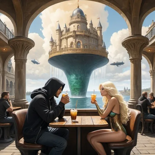 Prompt: Zechariah with the black hoody is sitting outside a cafe, with his beautiful blonde mermaid by his side. 
They are drinking strange looking cocktails.  
The massive antiqued castle is fashioned with high tech light  spiraled  pillars . At the top of the castle airships dock and unload passengers. 
The dome ceiling that  keeps air within the kingdom is adorned with gold , 
Siler and white steel