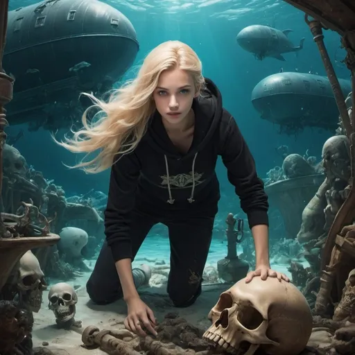 Prompt: Zechariah in the black hoody is crawling through the airships bone yard ( inside the underwater kingdom) when he comes face to face with a beautiful blonde mermaid 