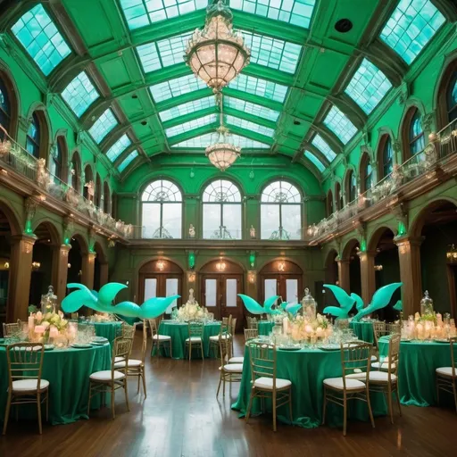 Prompt: the newlywed beautiful blonde mermaids weddings reception party.  hosted all high class mermaids and mermen. 
the grand hall had a glass ceiling showing the top of the kingdom.
the reception offered tables of food drinks and mermaid drugs.
trippy, high. antique  Victorian green neon glass lights



