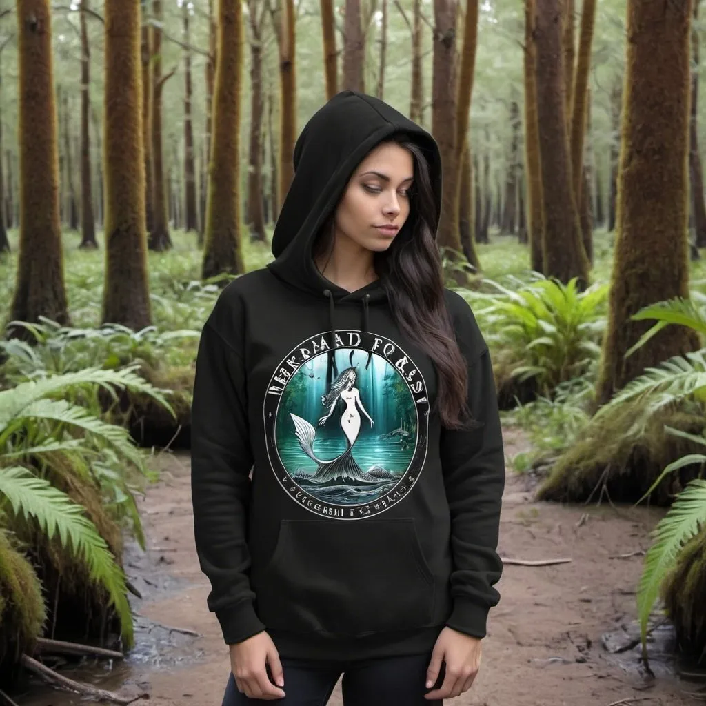 Prompt:  Black Hoody Zechariah Mermaid logo.
is walking through a mermaid forest. food and trees are different. in the distance black hoody z can see an Airboat boneyard. and mermaids.
