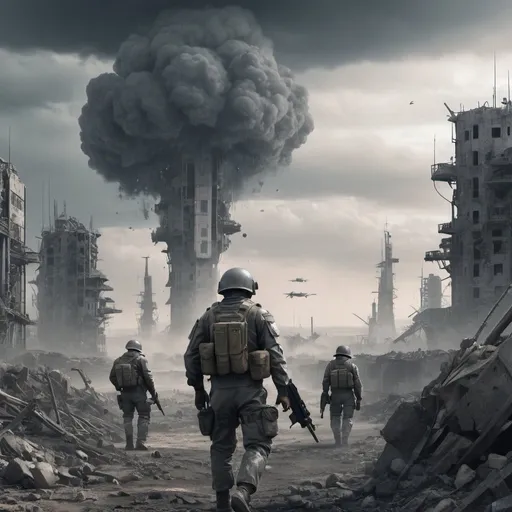 Prompt: soldiers that survived futuristic WW3, technology. wonder through the wasteland in the direction of the silver tower. the sky is Grey.
bombs going off in distance 

