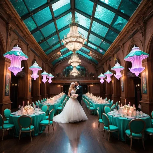 Prompt: the newlywed beautiful blonde mermaids weddings reception party.  hosted all high class mermaids and mermen. 
the grand hall had a glass ceiling showing the top of the kingdom.
the reception offered tables of food drinks and mermaid drugs.
trippy, high. antique  Victorian neon glass lights



