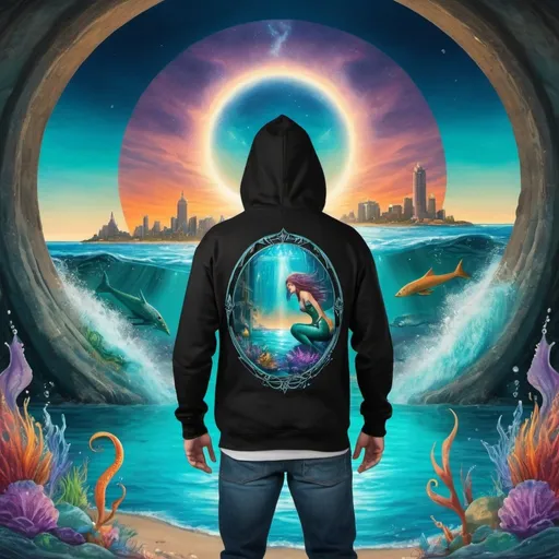 Prompt: Mermaid Stargate opens letting water and demons, along with a hero. underwater world meets man on beach. Zachariah in black hoody.  steps through Watergate. vibrant colors and a new world is seen through his 
eyes.  mermaid city in distance