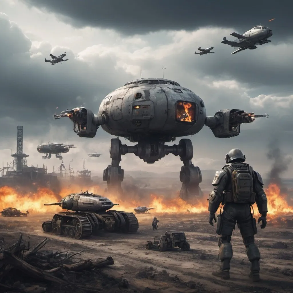 Prompt: soldiers that survived futuristic WW3, technology. get into a fire fight with the farming robots. wasteland in the direction of the silver tower. the sky is Grey.
bomber. planes fly overhead 
