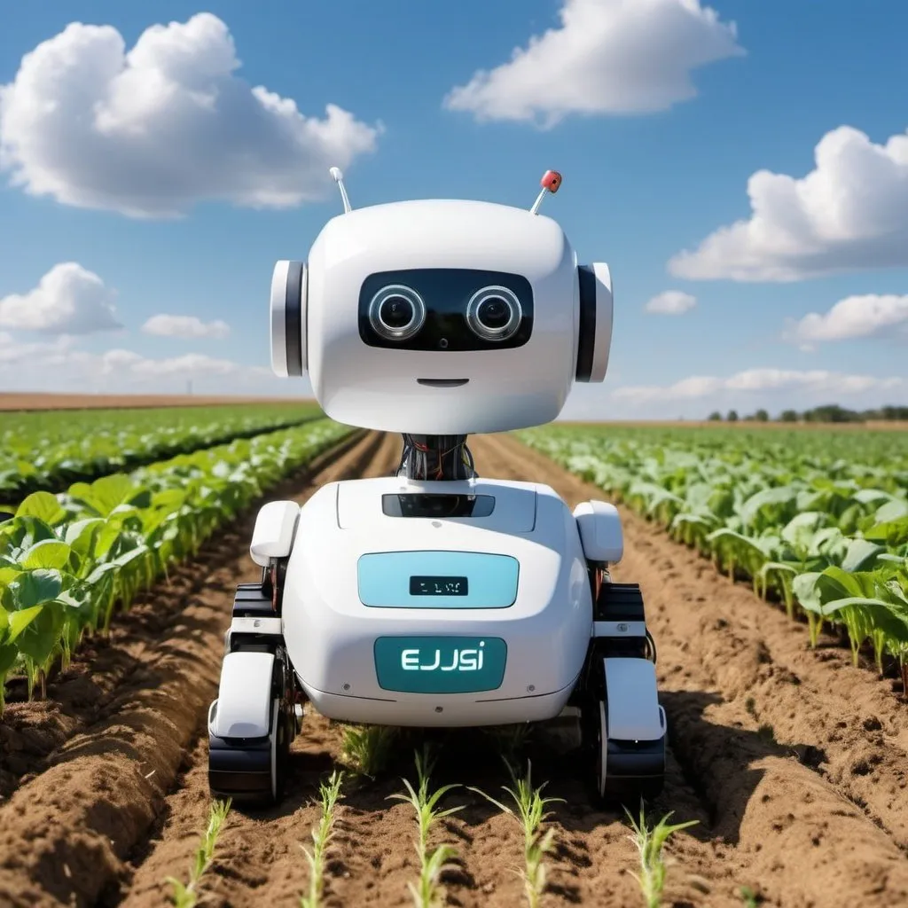 Prompt: Eujis shows her first farming robot a lushes perfectly rowed feild for the small robot to harvest.
the harmless robot has not idea of the impact robots being used for agriculture. Eujis means well and is very pleased with her cute little robot. the sky is blue with big fluffy clouds
