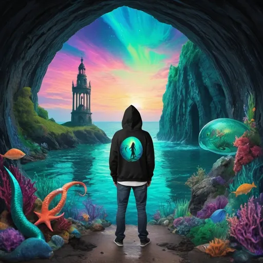 Prompt:  Zachariah in the black hoody. Is now past the Mermaid Portal Watergate. Vibrant, trippy colors are always visible. Mermaid city in distance is to far.  The black hoody has to sneak through the new world underwater countryside. Black Hoody Z is being guided by a beautiful Mermaid.
