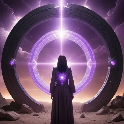 Prompt: Zetah during Armageddon opening a Stargate  as its opened by a females voice, powerful glowing purple and heavenly beings appear