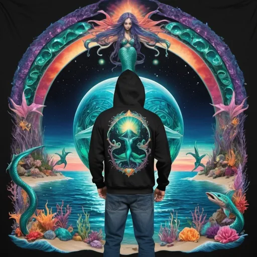 Prompt: mermaid Stargate opens letting water and demons, along with a hero. underwater world meets man on beach listing to music. wearing a black hoody. puts the mermaids at ease. 
vibrant colors trippy