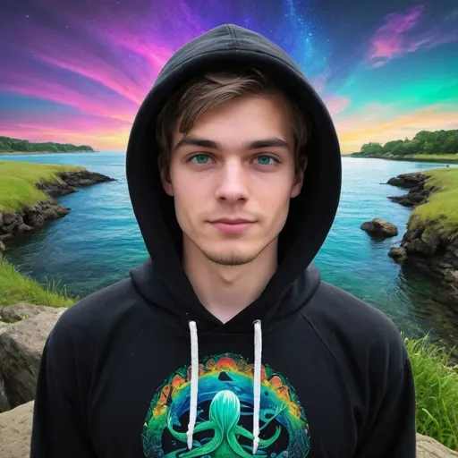 Prompt:  Zachariah in black hoody. Is now past the Mermaid Watergate. Vibrant, trippy colors are always visible as seen through his eyes. Mermaid city in distance is to far. His beautiful mermaid guide has to sneak him through the new worlds countryside.
