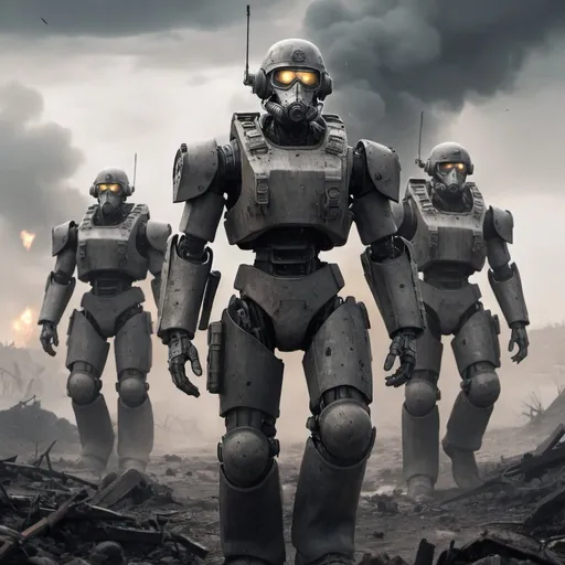 Prompt: soldiers that survived wwIII wonder through the wasteland in the direction of the silver tower.
 The sky is grey and filed with bomb fire. the survivors and troops have to kill robots on their way to the silver tower.
