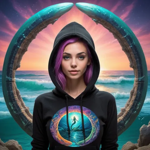 Prompt: Mermaid Stargate opens letting water and demons, along with a hero. underwater world meets man on beach listing to music. wearing a black hoody. puts the mermaids at ease. vibrant colors trippy, she lets him into her portal to her world, after entering the gate he can see an entire new world