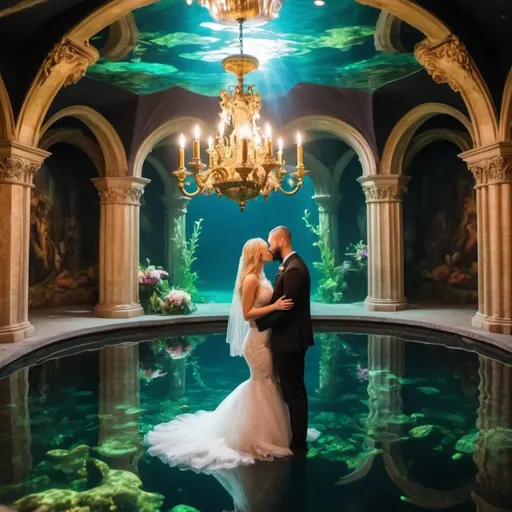 Prompt: Zachariah in the black hoody and the beautiful blonde mermaid  getting married in a secret underwater cathedral underneath a lake. trippy vibrant colors. underwater wedding inside dome. beautiful Victorian chandelier  gold pullers support the underwater cathedral 

