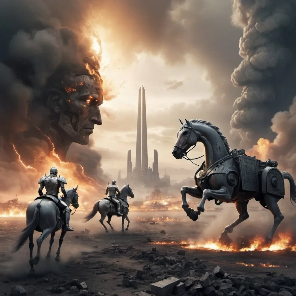 Prompt: A.I and God meeting on the battle feild  of Armageddon. both forces made up of different countries all watch the meeting between the two creators. battlefield.
 destroyed buildings.
 chariot's riding through portals  in the smokey sky