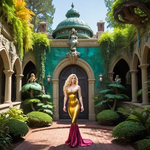 Prompt: The beautiful blonde mermaid "Tina"
sneaks Zachariah through the Mermaid Kingdom's Courtyard. 
the courtyard is massive and 
 full of exotic trees and vibrant colors.
the courtyard walls are tremendously large  built in Victorian architecture.
armored Merman guards patrol the courtyard equipped with antique plasma scanners
