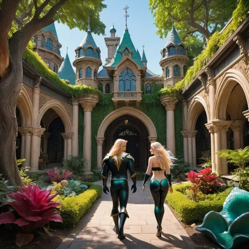 Prompt: Zachariah in the black hoody and the beautiful blonde mermaid are running
through the Mermaid Kingdom's Courtyard.  
the courtyard is massive and 
 full of exotic trees and vibrant colors.
the courtyard walls are tremendously large  built in Victorian architecture.
armored Merman guards patrol the courtyard equipped with antique plasma guns

