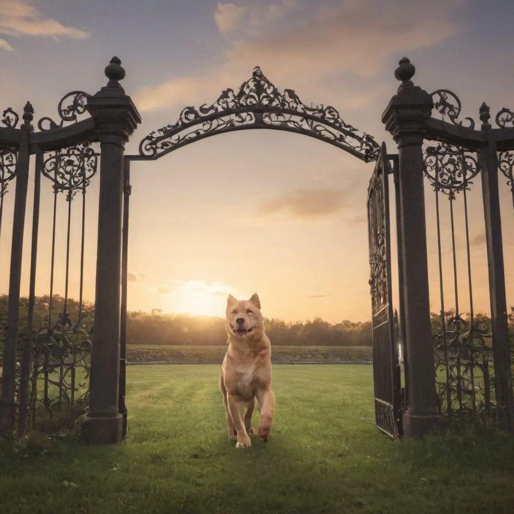 Prompt: Macecsko  walking Nala threw the field to the large gates. it looked like heaven
