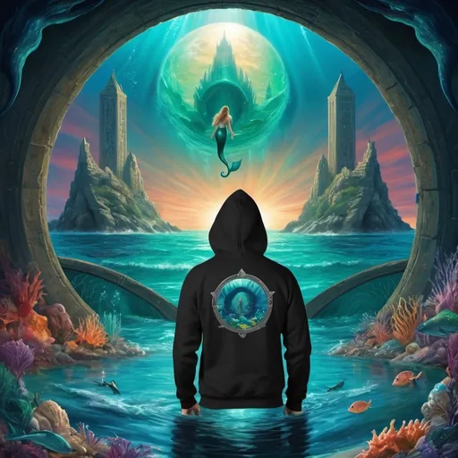 Prompt: Mermaid Stargate opens letting water and demons, along with a hero. underwater world meets man on beach. Zachariah in black hoody.  steps through Watergate. vibrant colors and a new world is seen through his 
eyes.  mermaid city in distance.  he then ventures in to the under water Mermaid world. 
