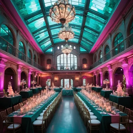 Prompt: the newlywed beautiful blonde mermaids weddings reception party.  hosted all high class mermaids and mermen. 
the grand hall had a glass ceiling showing the top of the kingdom.
the reception offered tables of food drinks and mermaid drugs.
trippy, high. antique  Victorian neon glass lights



